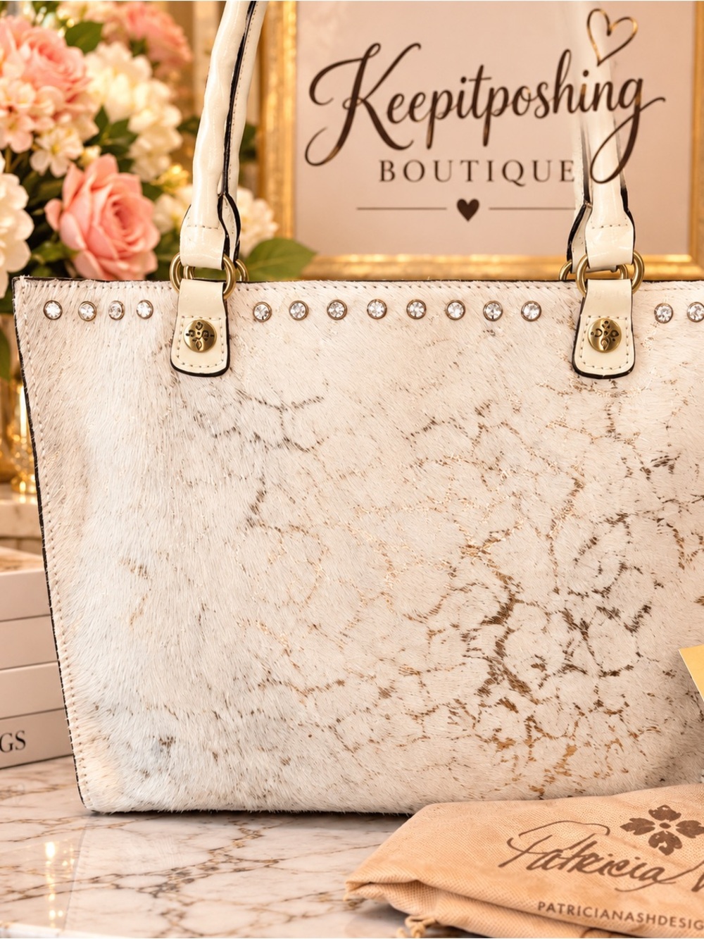 Patricia Nash White and Gold Marbled Tote with Stud Accents